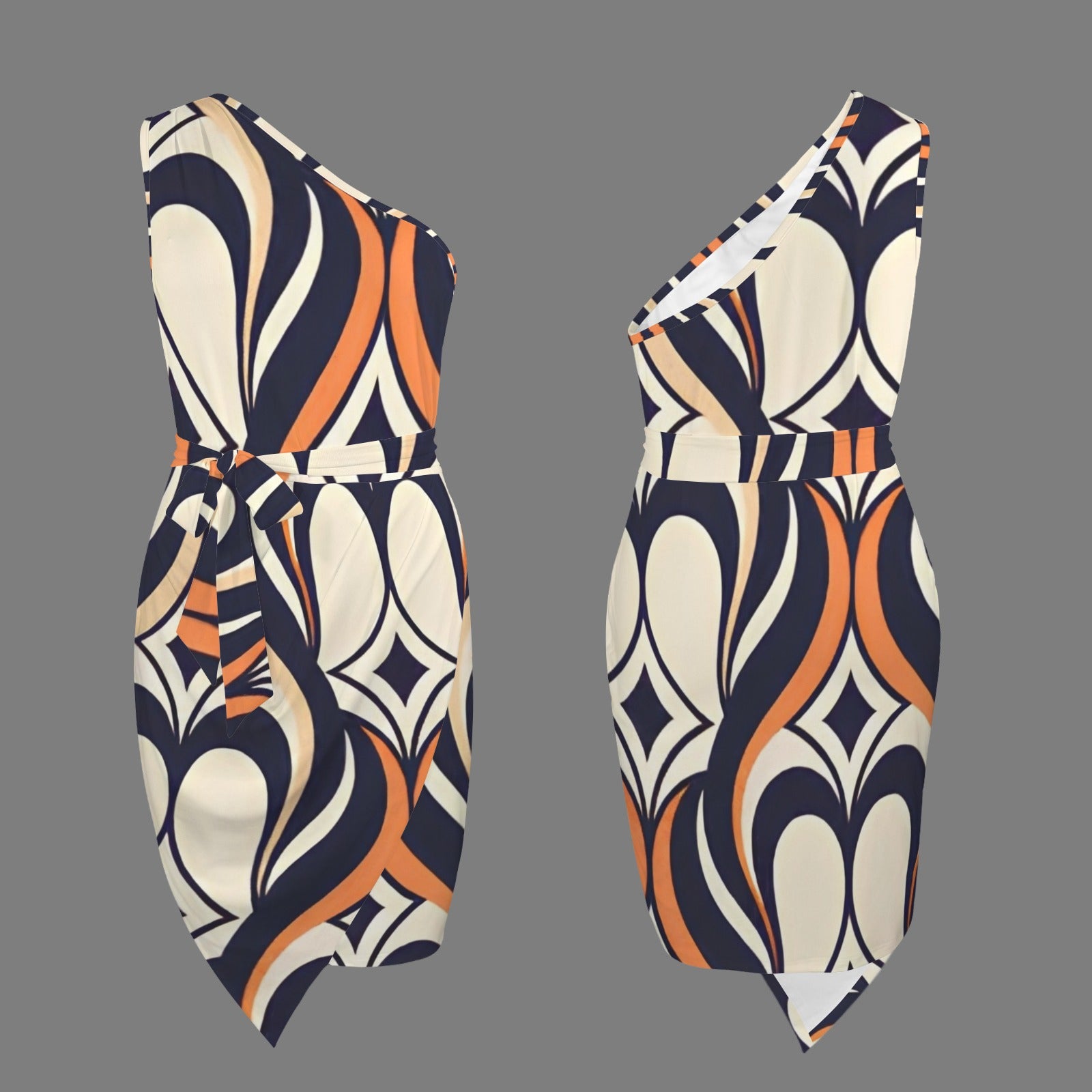 Modern One Shoulder Midi Dress | Women's Abstract Print Belted Dress | Elegant Cocktail Dress | Resort Vacation Fashion | Iyalla Designs