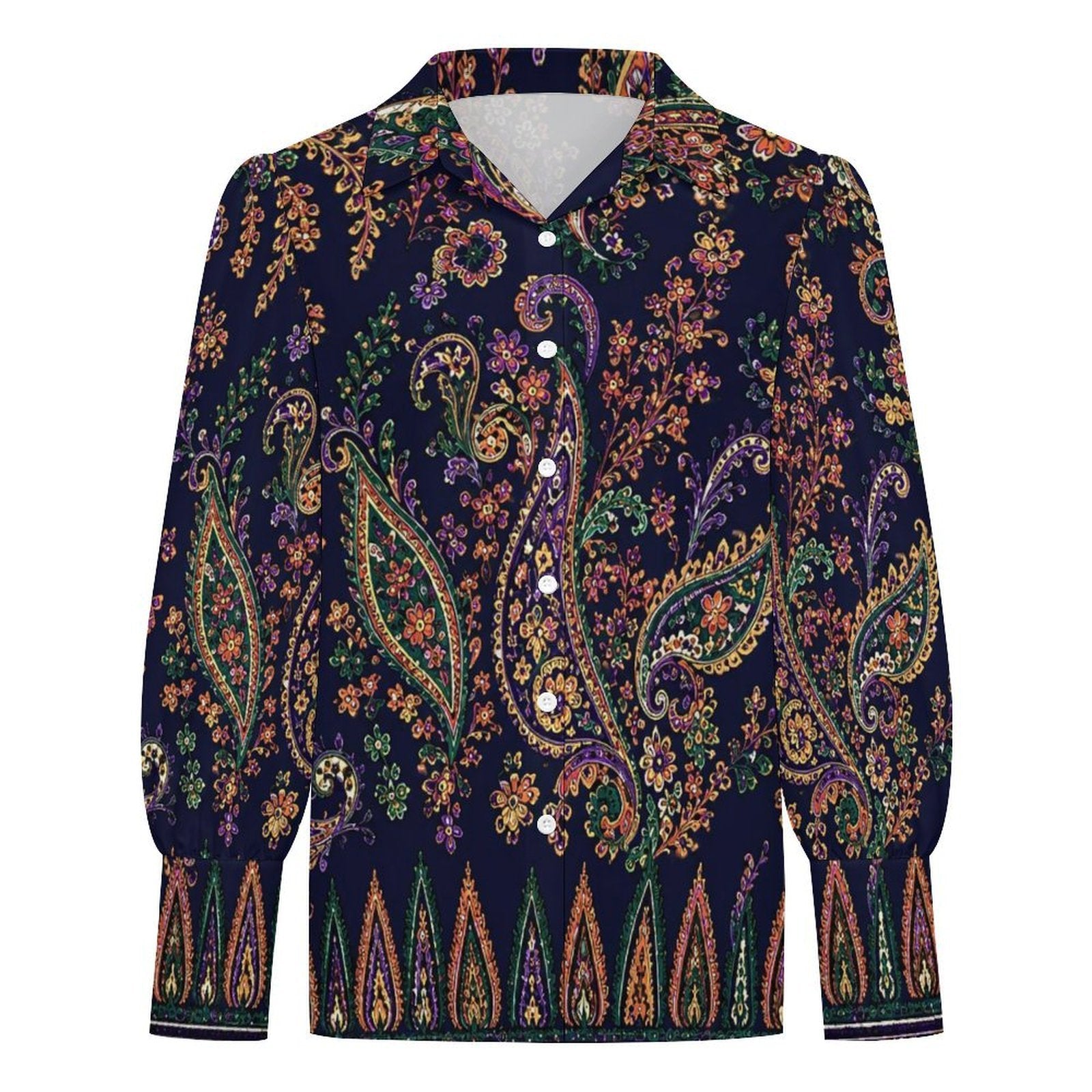 Indigo Manor Paisley Satin Blouse | Luxury Boho Button Down Shirt | Women's Elegant Long Sleeve Top | Boutique Resort Wear | Iyalla Designs