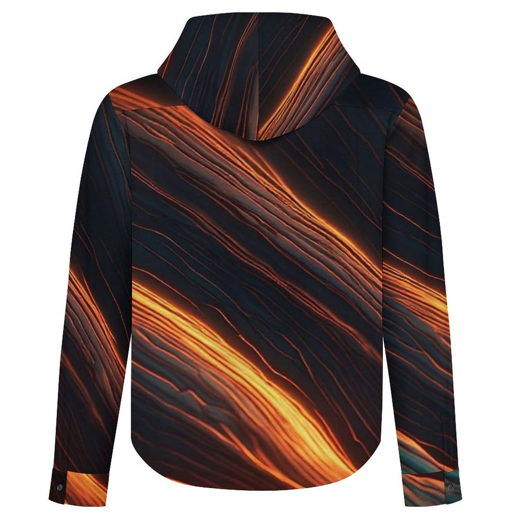Men’s Abstract Hooded Jacket, Black Gold Orange Statement Jacket, Artistic Fall Shirt Jacket, Luxury Streetwear Jacket for Men