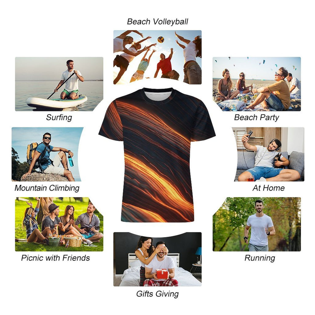 Men’s Abstract Print T Shirt, Black Gold Orange Graphic Tee, Artistic Statement Shirt, Modern Casual T Shirt for Men