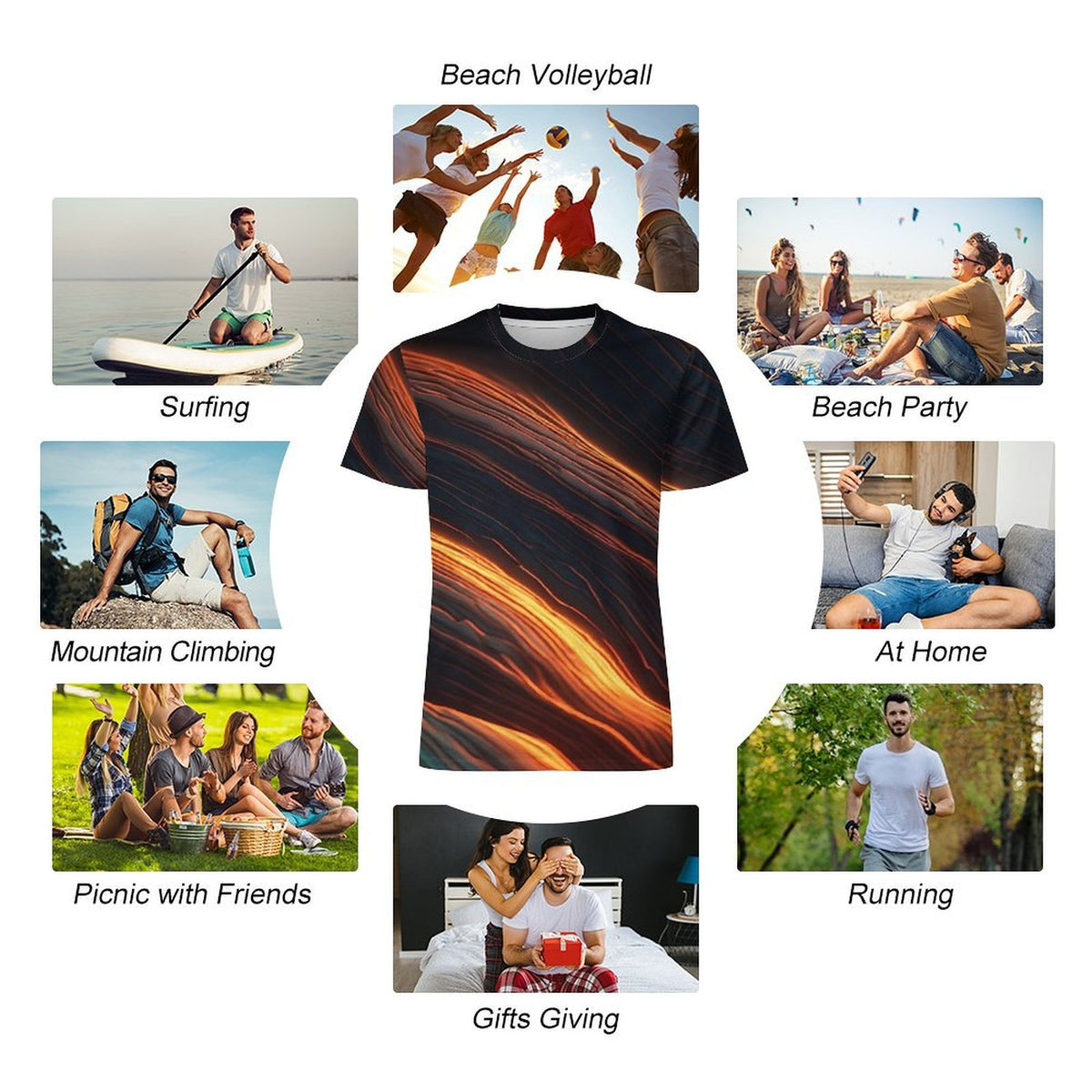 Men’s Abstract Print T Shirt, Black Gold Orange Graphic Tee, Artistic Statement Shirt, Modern Casual T Shirt for Men