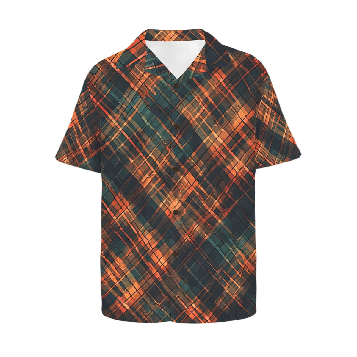 Men’s Abstract Print Button Up Shirt, Teal Burnt Orange Short Sleeve Shirt, Luxury Resort Shirt, Artistic Geometric Vacation Shirt for Men