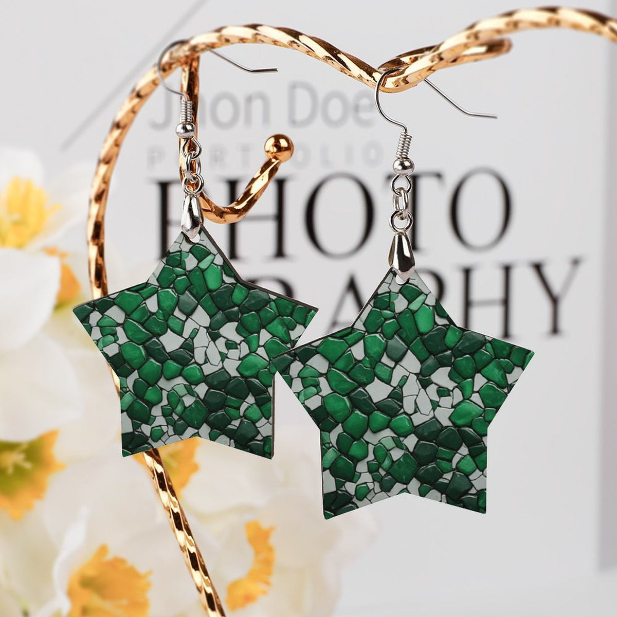 Emerald Star Earrings, Green Mosaic Statement Earrings, Star Shaped Dangle Earrings, African Inspired Jewelry, Women’s Earrings