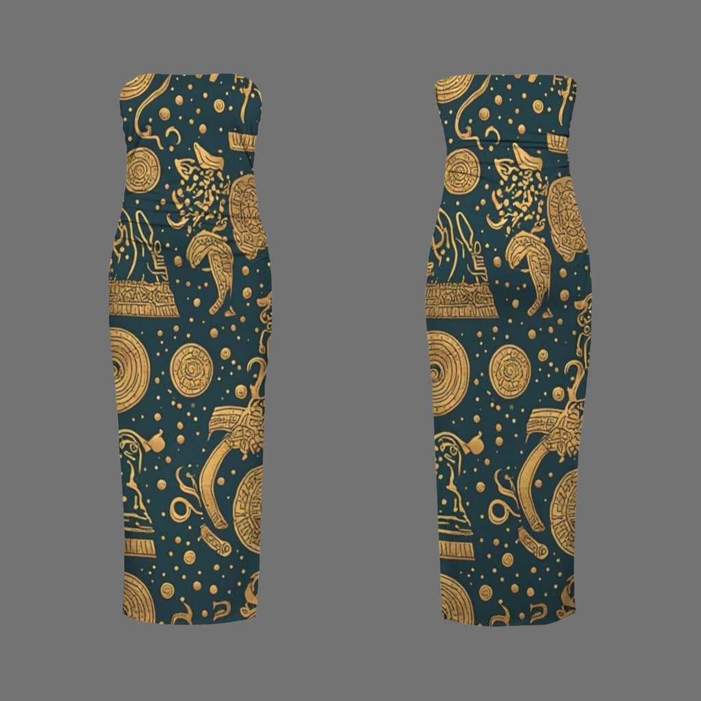 African Print Strapless Maxi Dress | Green Gold Tribal Evening Dress | Luxury Afrocentric Resort Wear | Elegant Summer Dress