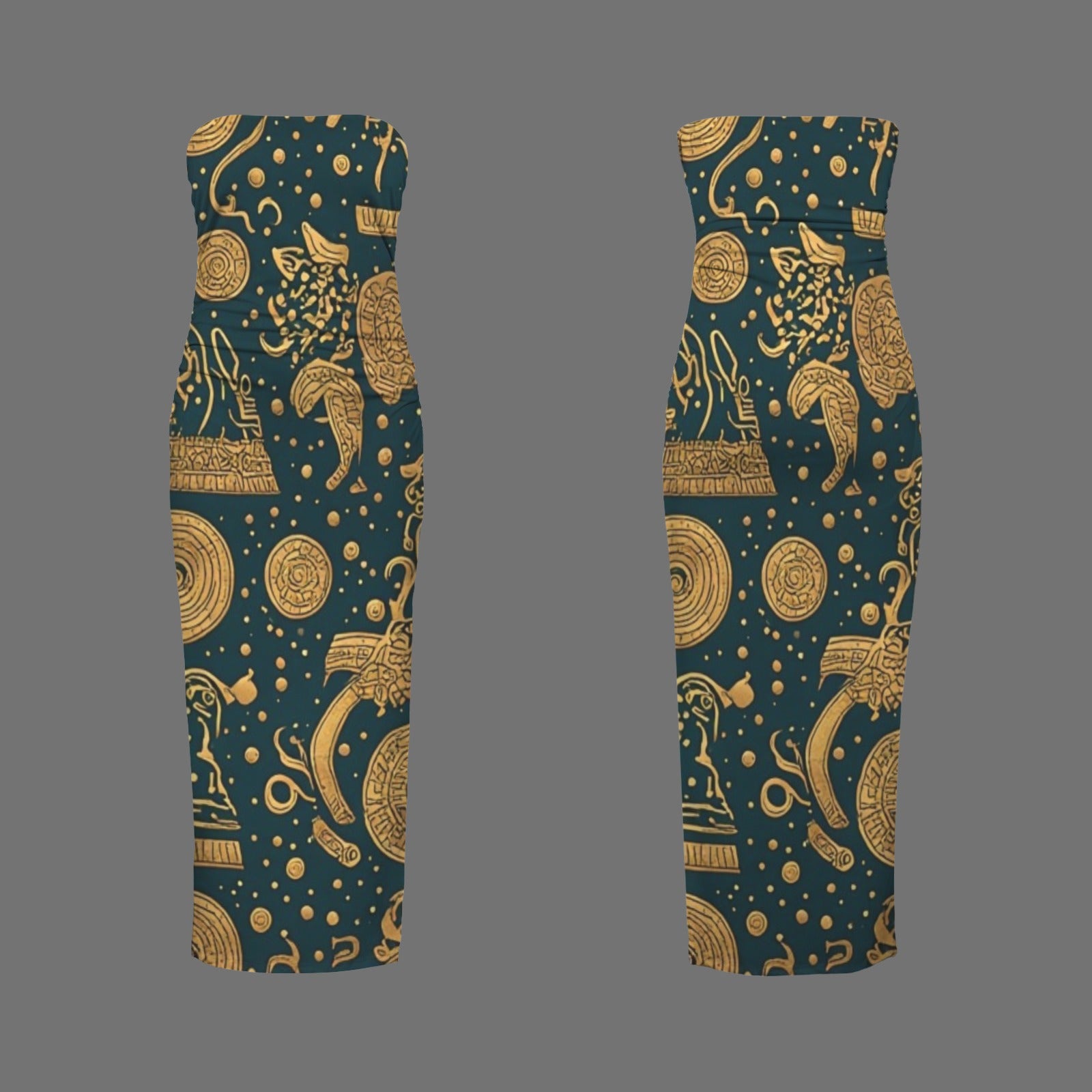 African Print Strapless Maxi Dress | Green Gold Tribal Evening Dress | Luxury Afrocentric Resort Wear | Elegant Summer Dress