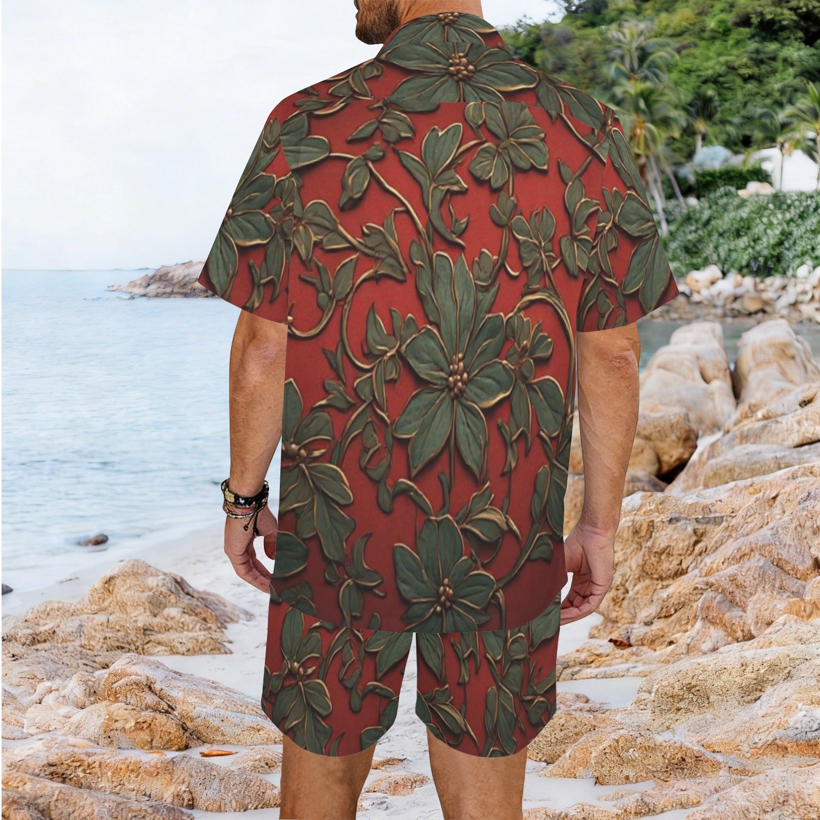 Men's Luxury Botanical Shirt & Shorts Set | Red & Green Floral Resort Outfit | Tropical Vacation Two Piece | Iyalla Designs