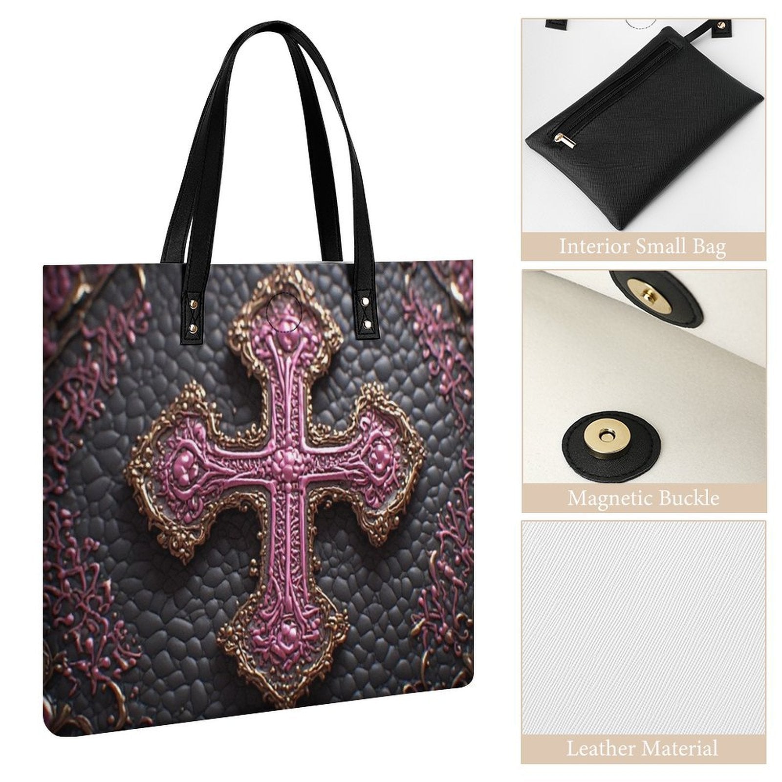 Kerri Luxury Cross Tote Bag | Black Pink & Gold Statement Handbag | Elegant Christian Faith Shoulder Bag | Iyalla Designs