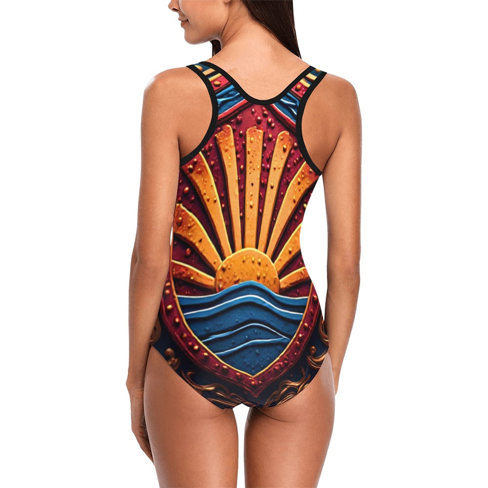 Sunflower One Piece Swimsuit, Tropical Floral Bathing Suit for Women, Sunrise Beach Swimwear, Vacation Resort Swimsuit, Blue Gold Swimwear