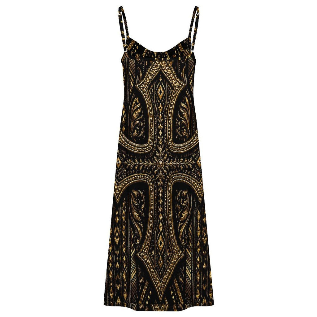 Makeda Black Gold African Print Maxi Dress | Women’s Luxury Spaghetti Strap Slit Dress | Elegant Cultural Statement Dress