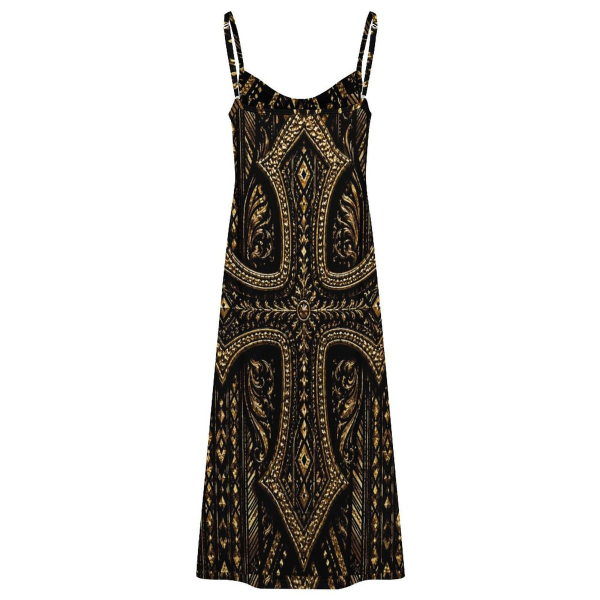 Makeda Black Gold African Print Maxi Dress | Women’s Luxury Spaghetti Strap Slit Dress | Elegant Cultural Statement Dress