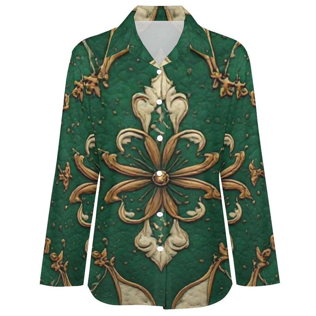 Emerald Luxe Ornamental Blouse | Elegant Women's Button Down Shirt | Luxury Boho Fashion Top | Statement Green Blouse | Iyalla Designs
