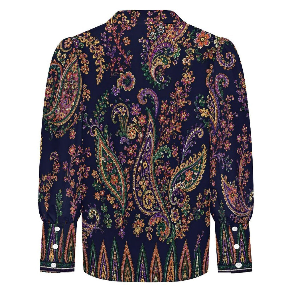 Indigo Manor Paisley Satin Blouse | Luxury Boho Button Down Shirt | Women's Elegant Long Sleeve Top | Boutique Resort Wear | Iyalla Designs