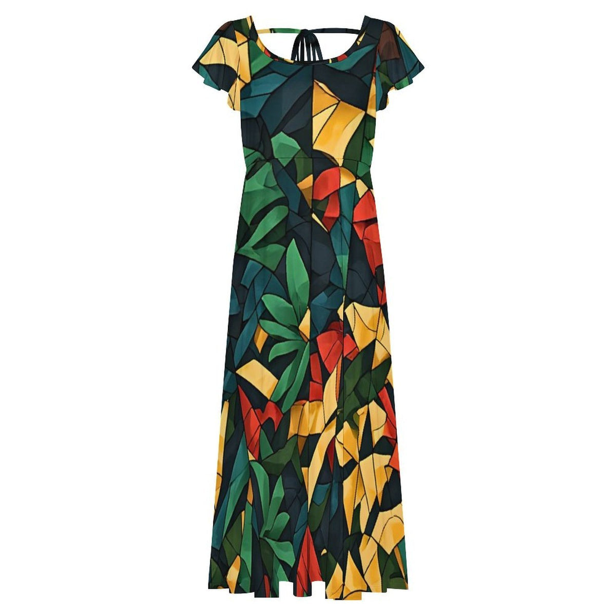Tropical Print Maxi Dress with Slit, Colorful African Inspired Resort Dress, Green Gold Red Vacation Dress, Women