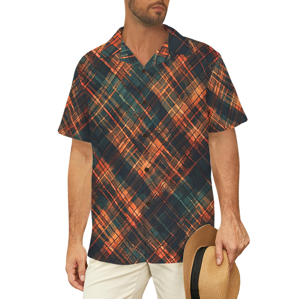 Men’s Abstract Print Button Up Shirt, Teal Burnt Orange Short Sleeve Shirt, Luxury Resort Shirt, Artistic Geometric Vacation Shirt for Men