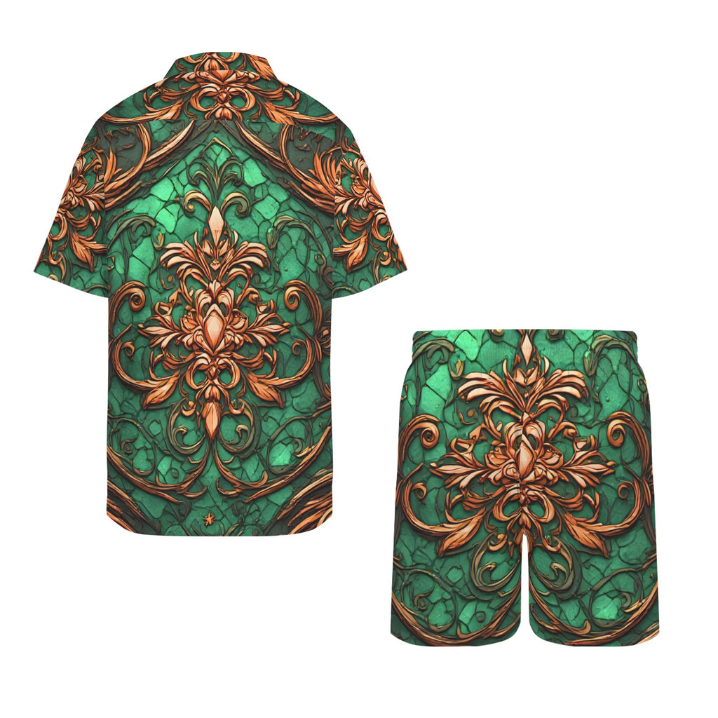 Men's Green Baroque Shirt and Shorts Set | Luxury Resort Matching Set | Tropical Vacation Outfit | Emerald Gold Summer Co-Ord | Black Excellence Style