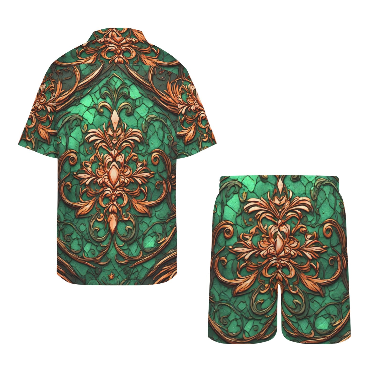 Men's Green Baroque Shirt and Shorts Set | Luxury Resort Matching Set | Tropical Vacation Outfit | Emerald Gold Summer Co-Ord | Black Excellence Style