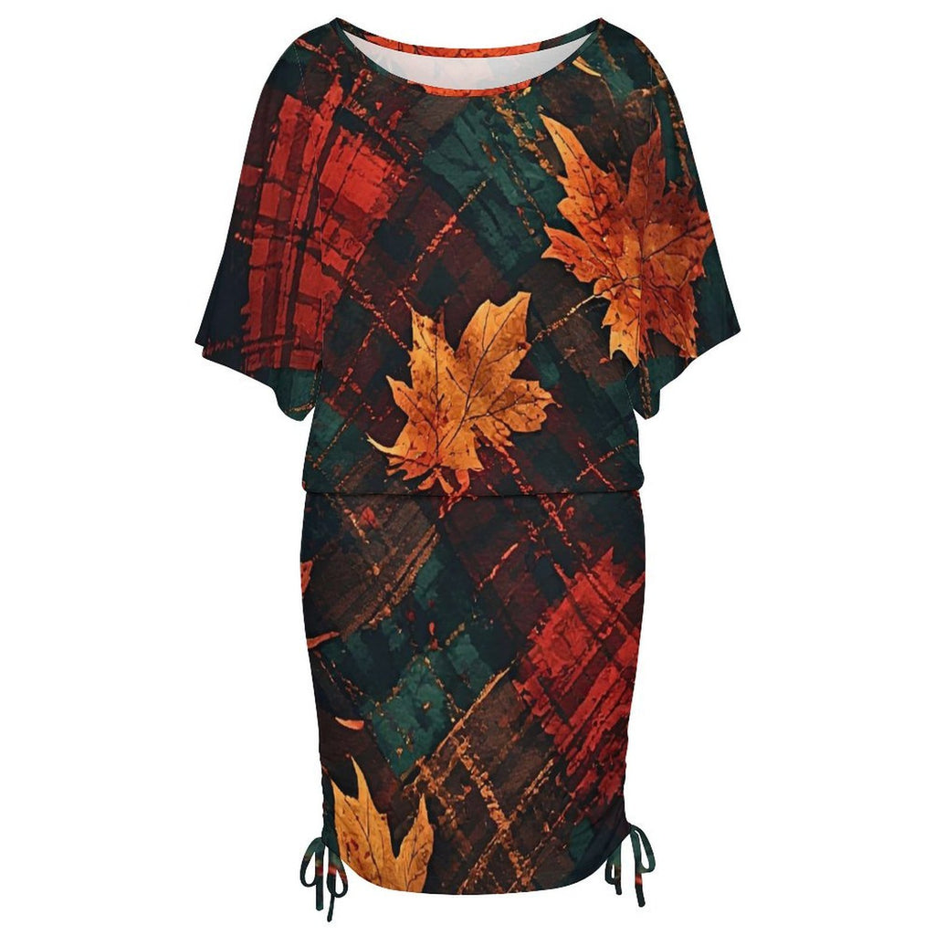 Women’s Fall Leaf Mini Dress, Ruched Autumn Print Dress, Plaid Maple Leaf Bodycon Dress, Long Sleeve Fall Party Dress for Women