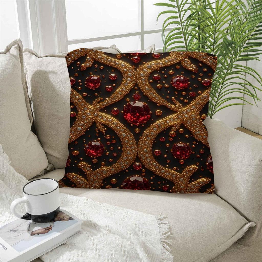 Crimson Noir Luxury Throw Pillow | Ruby Gem Accent Pillow | Gothic Glam Home Decor | Black Gold Decorative Cushion | Luxe Living Room Pillow