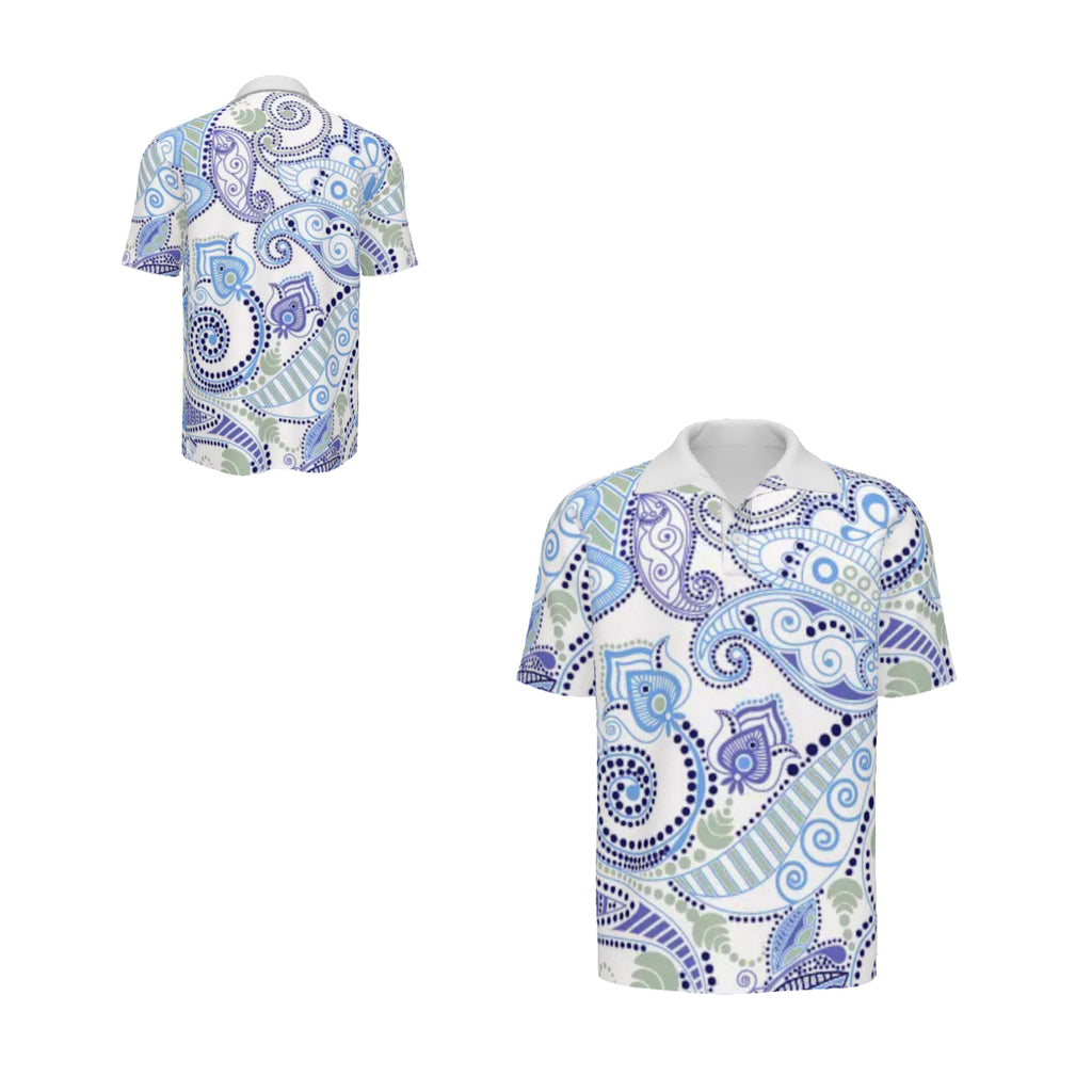 Men's Luxury Paisley Polo Shirt | Blue & White Designer Golf Shirt | Resort Performance Polo | Casual Summer Shirt | Iyalla Designs