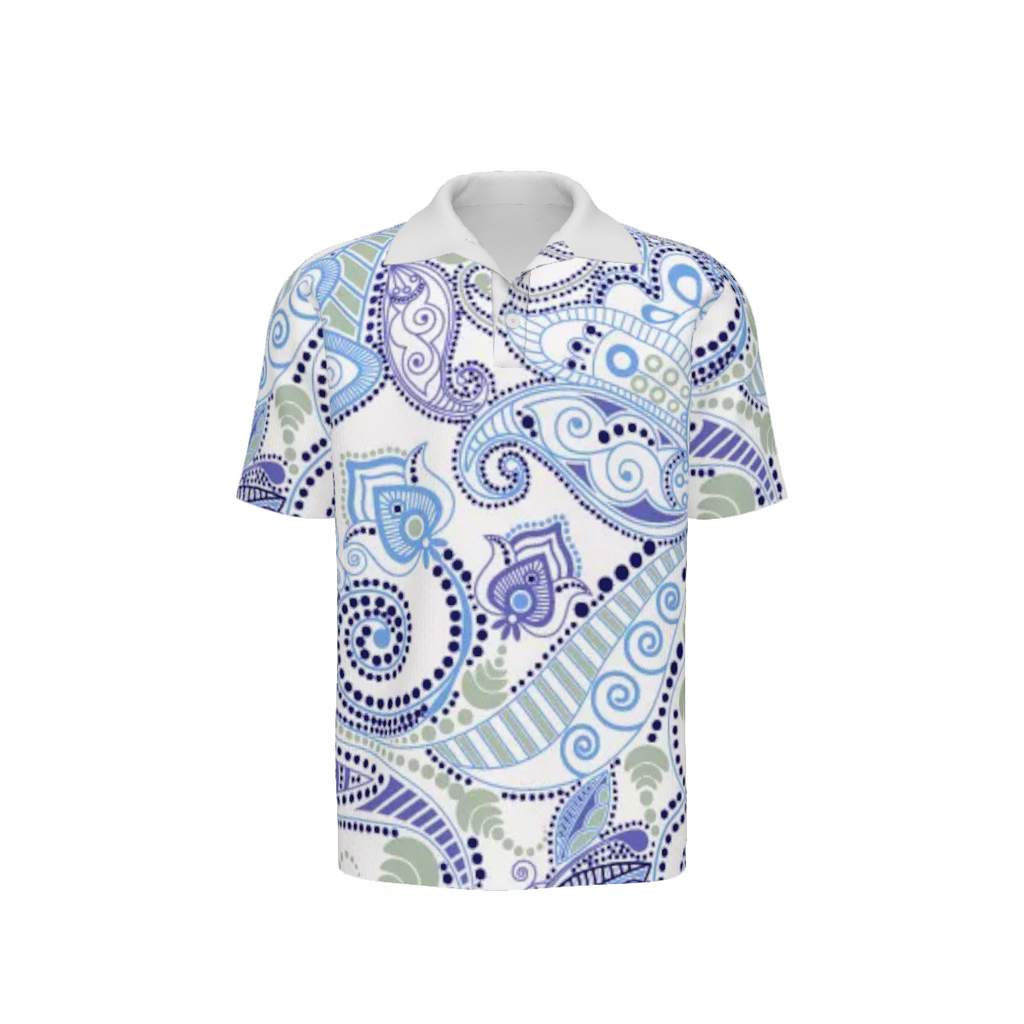 Men's Luxury Paisley Polo Shirt | Blue & White Designer Golf Shirt | Resort Performance Polo | Casual Summer Shirt | Iyalla Designs