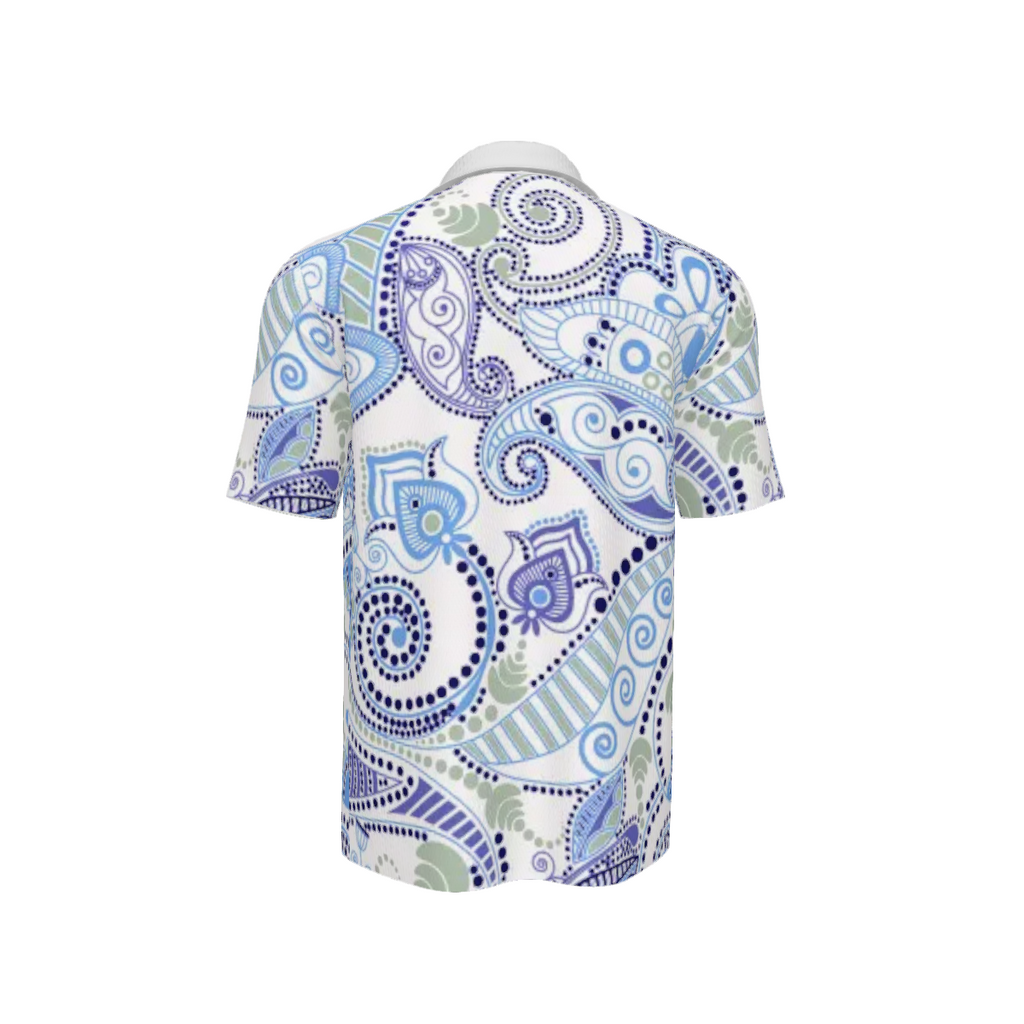 Men's Luxury Paisley Polo Shirt | Blue & White Designer Golf Shirt | Resort Performance Polo | Casual Summer Shirt | Iyalla Designs