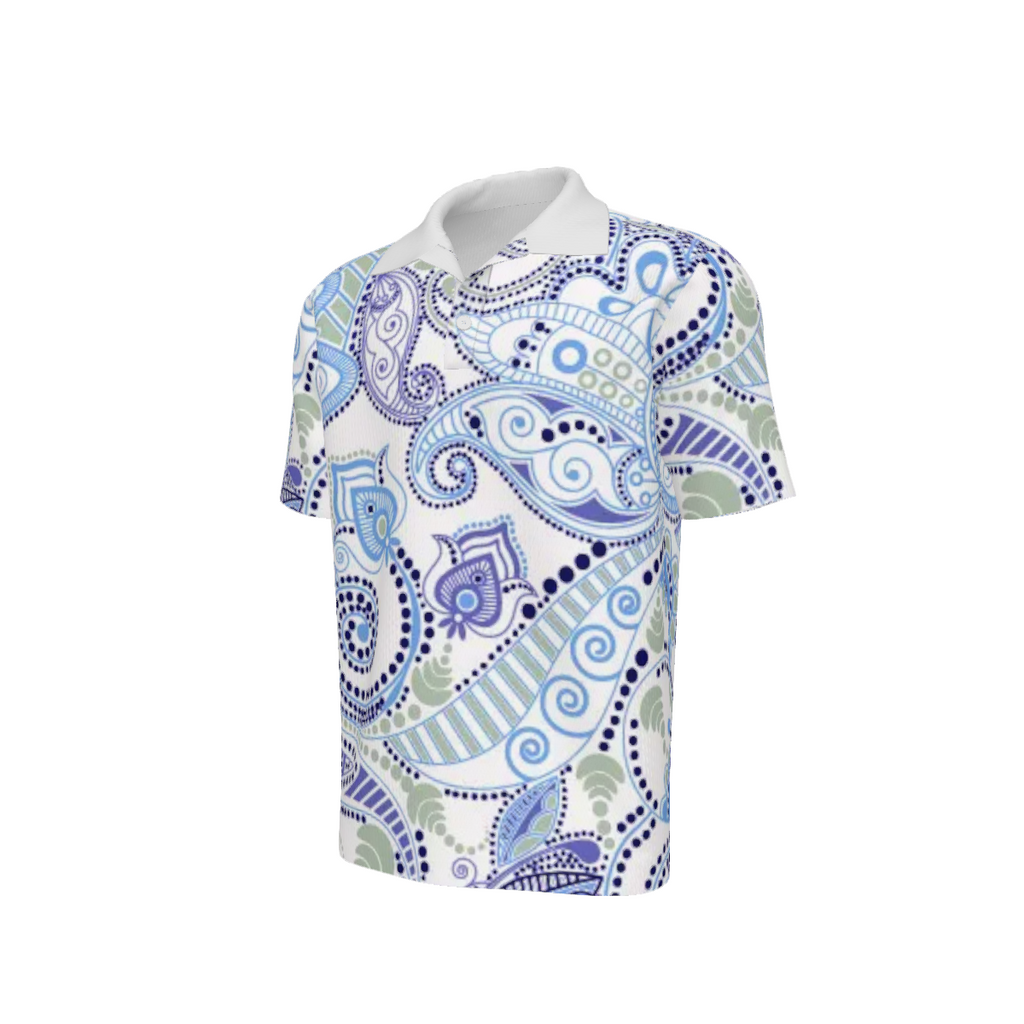 Men's Luxury Paisley Polo Shirt | Blue & White Designer Golf Shirt | Resort Performance Polo | Casual Summer Shirt | Iyalla Designs