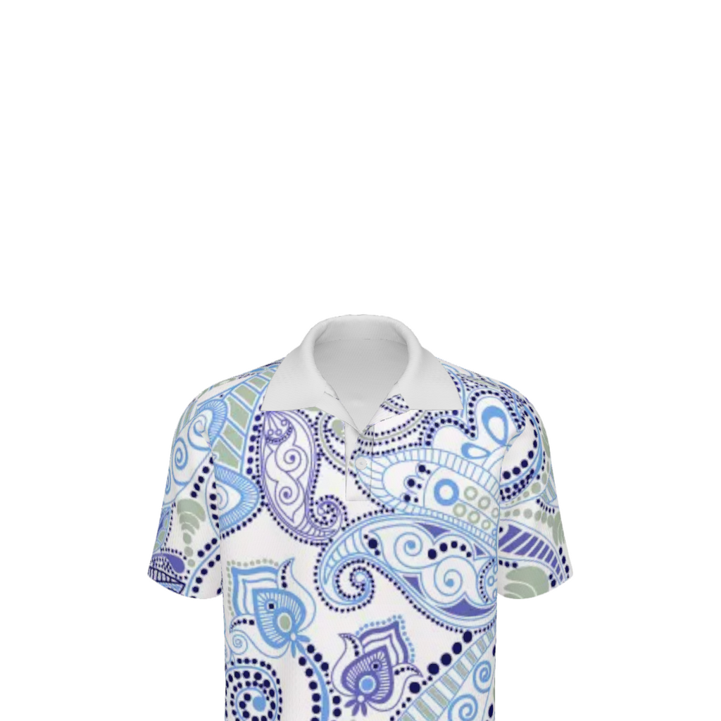 Men's Luxury Paisley Polo Shirt | Blue & White Designer Golf Shirt | Resort Performance Polo | Casual Summer Shirt | Iyalla Designs