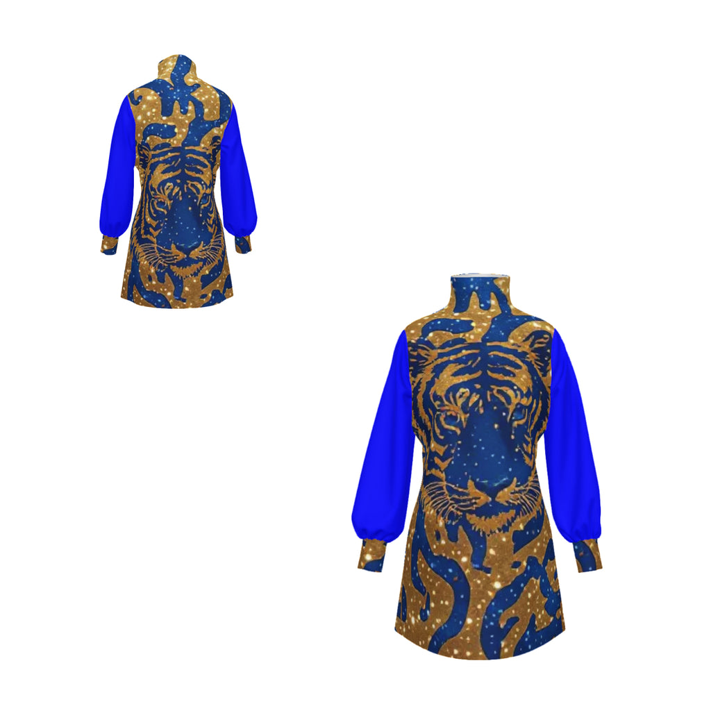 Royal Tiger Mock Neck Mini Dress | Blue & Gold Luxury Evening Dress