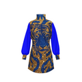 Royal Tiger Mock Neck Mini Dress | Blue & Gold Luxury Evening Dress