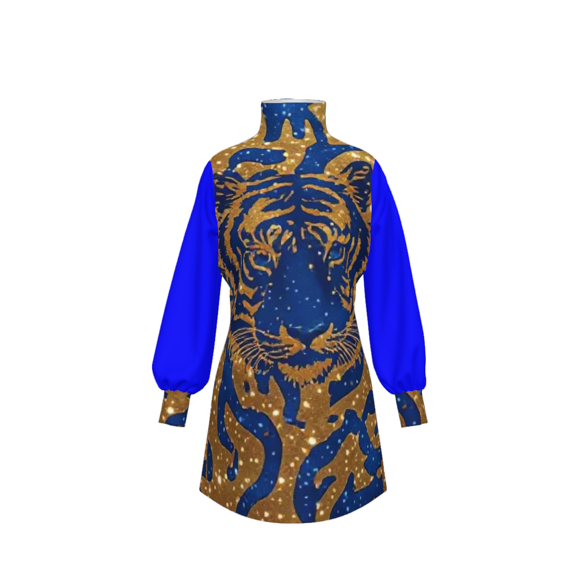 Royal Tiger Mock Neck Mini Dress | Blue & Gold Luxury Evening Dress