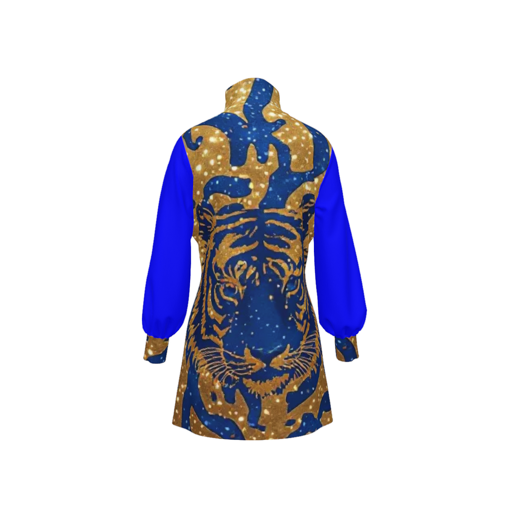 Royal Tiger Mock Neck Mini Dress | Blue & Gold Luxury Evening Dress