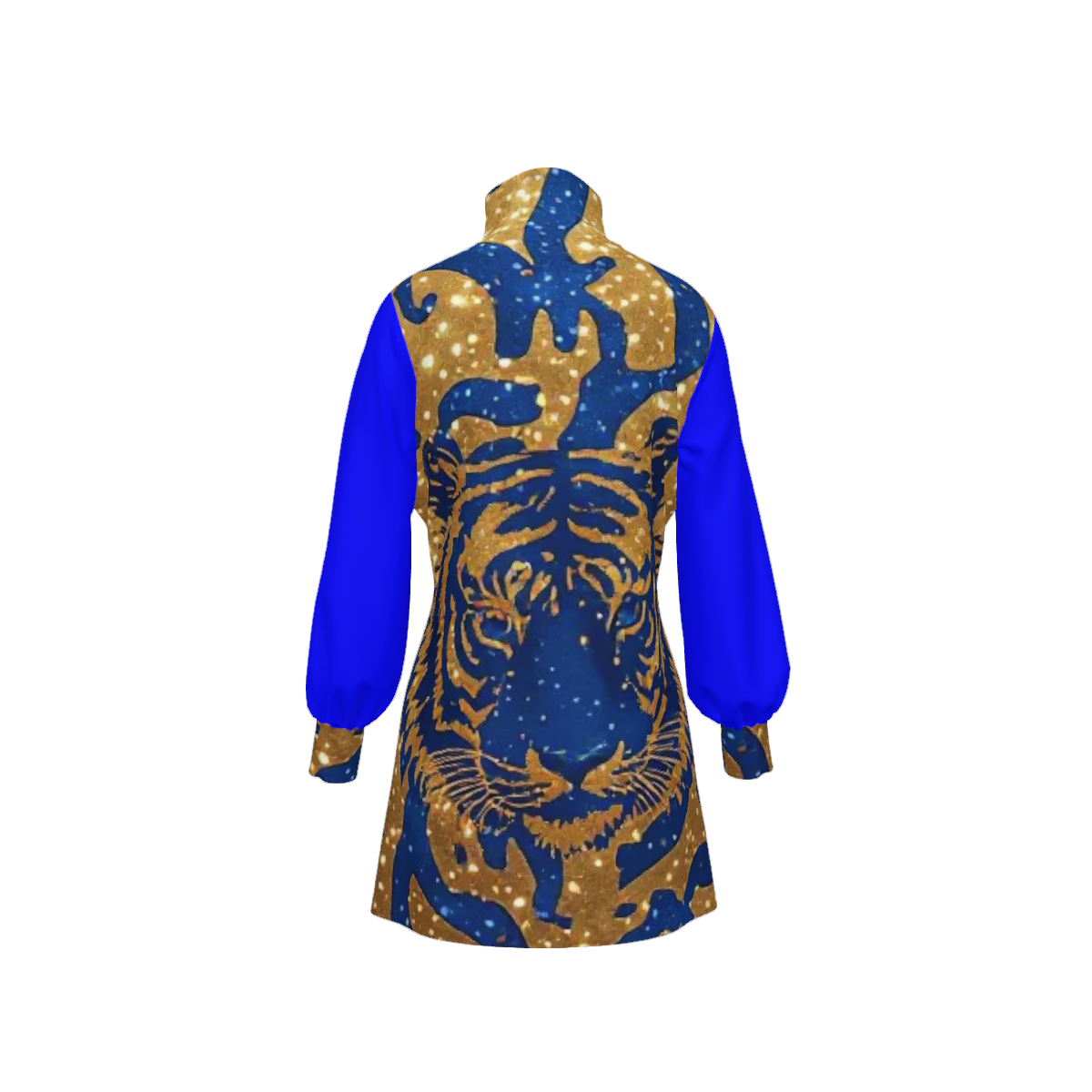 Royal Tiger Mock Neck Mini Dress | Blue & Gold Luxury Evening Dress