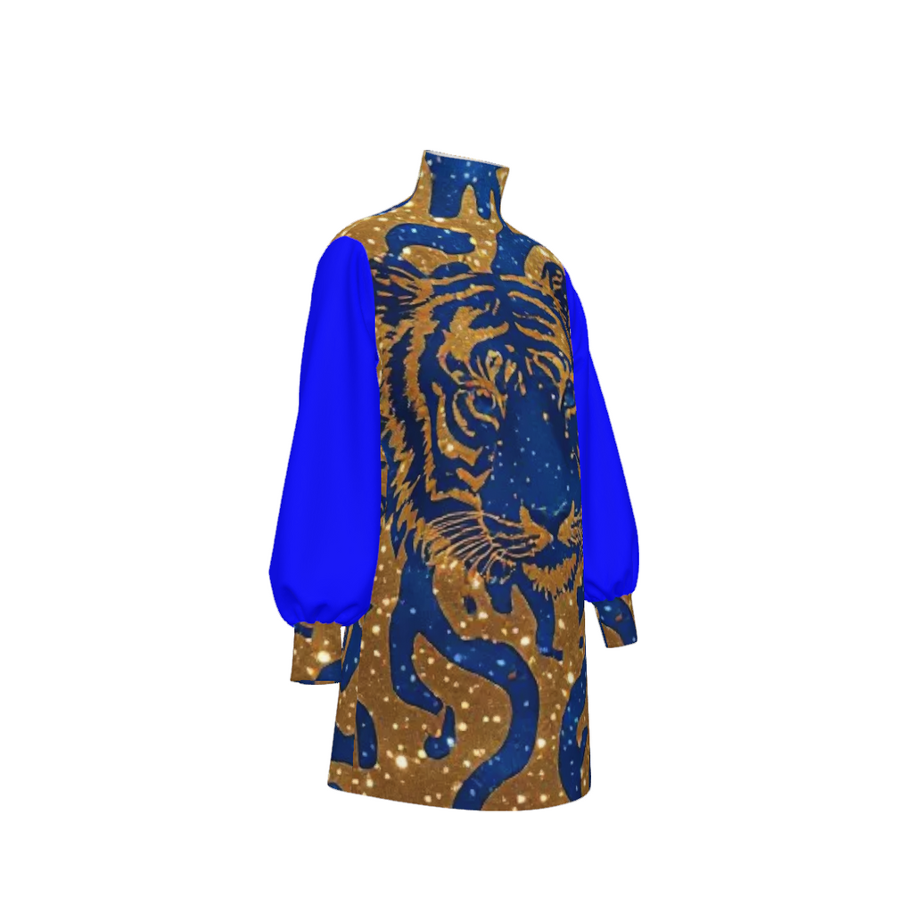 Royal Tiger Mock Neck Mini Dress | Blue & Gold Luxury Evening Dress