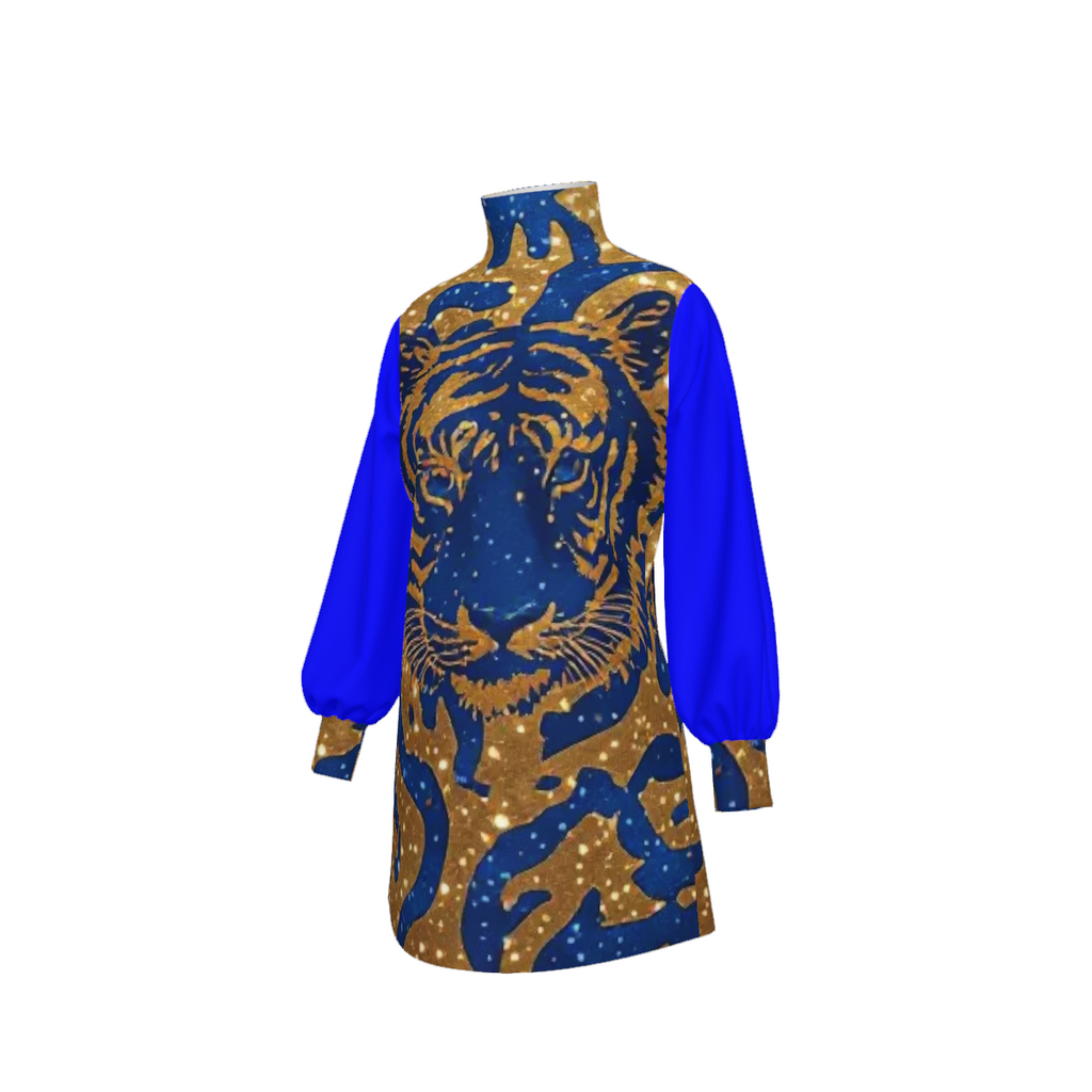 Royal Tiger Mock Neck Mini Dress | Blue & Gold Luxury Evening Dress