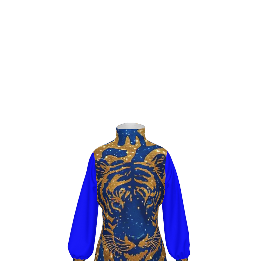 Royal Tiger Mock Neck Mini Dress | Blue & Gold Luxury Evening Dress