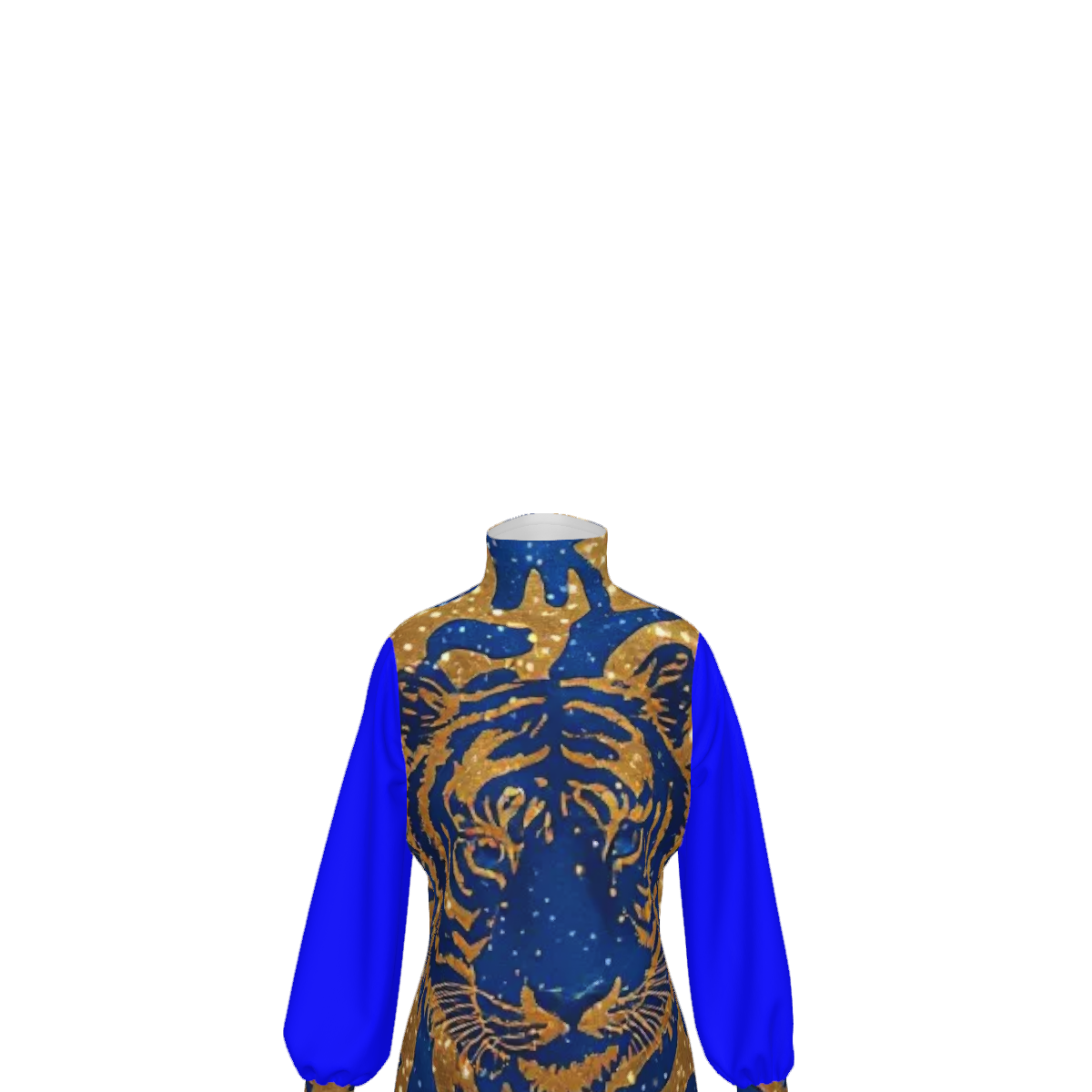 Royal Tiger Mock Neck Mini Dress | Blue & Gold Luxury Evening Dress