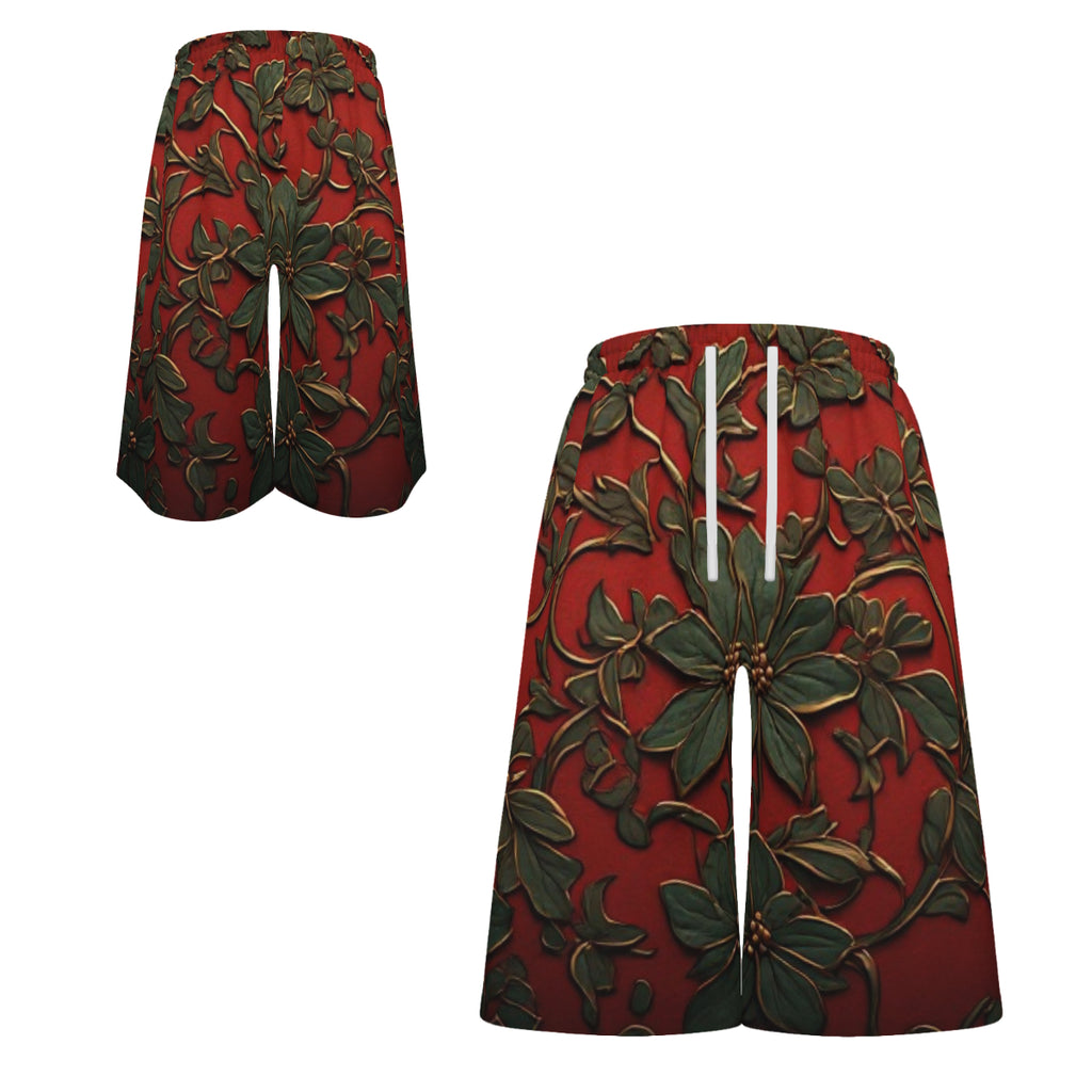 Men's Plus Size Botanical Swim Shorts | Red & Green Floral Board Shorts | Big & Tall Resort Beachwear | Iyalla Designs