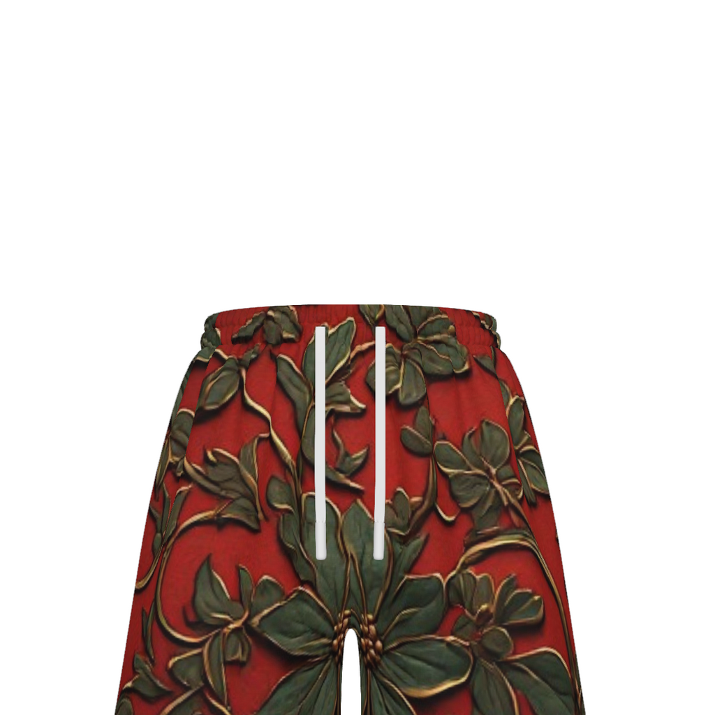 Men's Plus Size Botanical Swim Shorts | Red & Green Floral Board Shorts | Big & Tall Resort Beachwear | Iyalla Designs