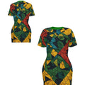 Colorful African Print Bodycon Dress, Green Gold Tropical Mini Dress, Women’s Fitted Vacation Dress, Bold Geometric Statement Dress