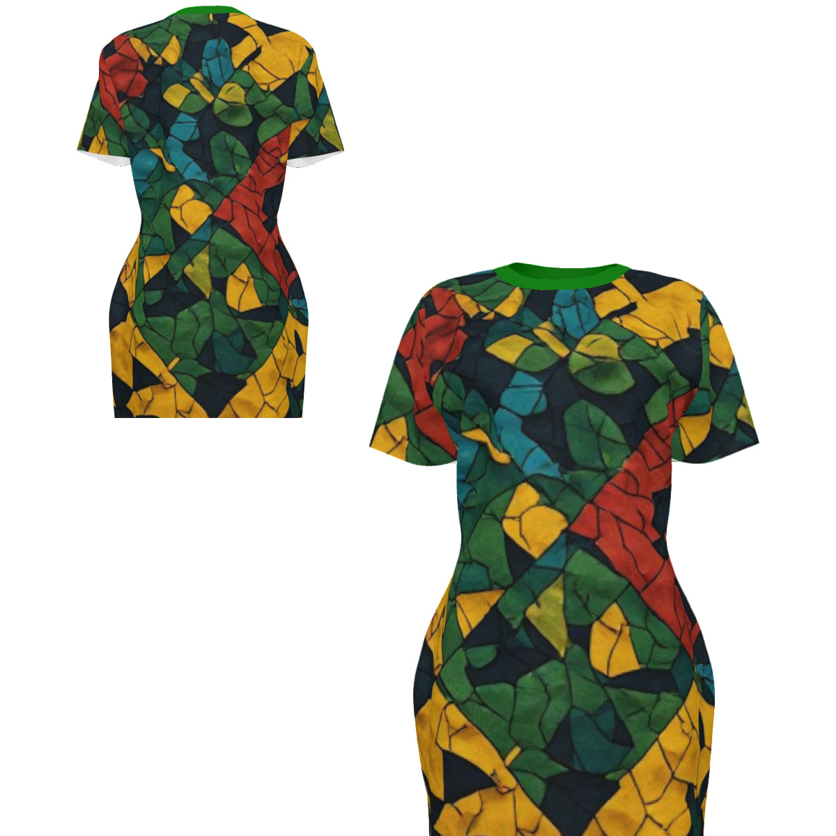 Colorful African Print Bodycon Dress, Green Gold Tropical Mini Dress, Women’s Fitted Vacation Dress, Bold Geometric Statement Dress