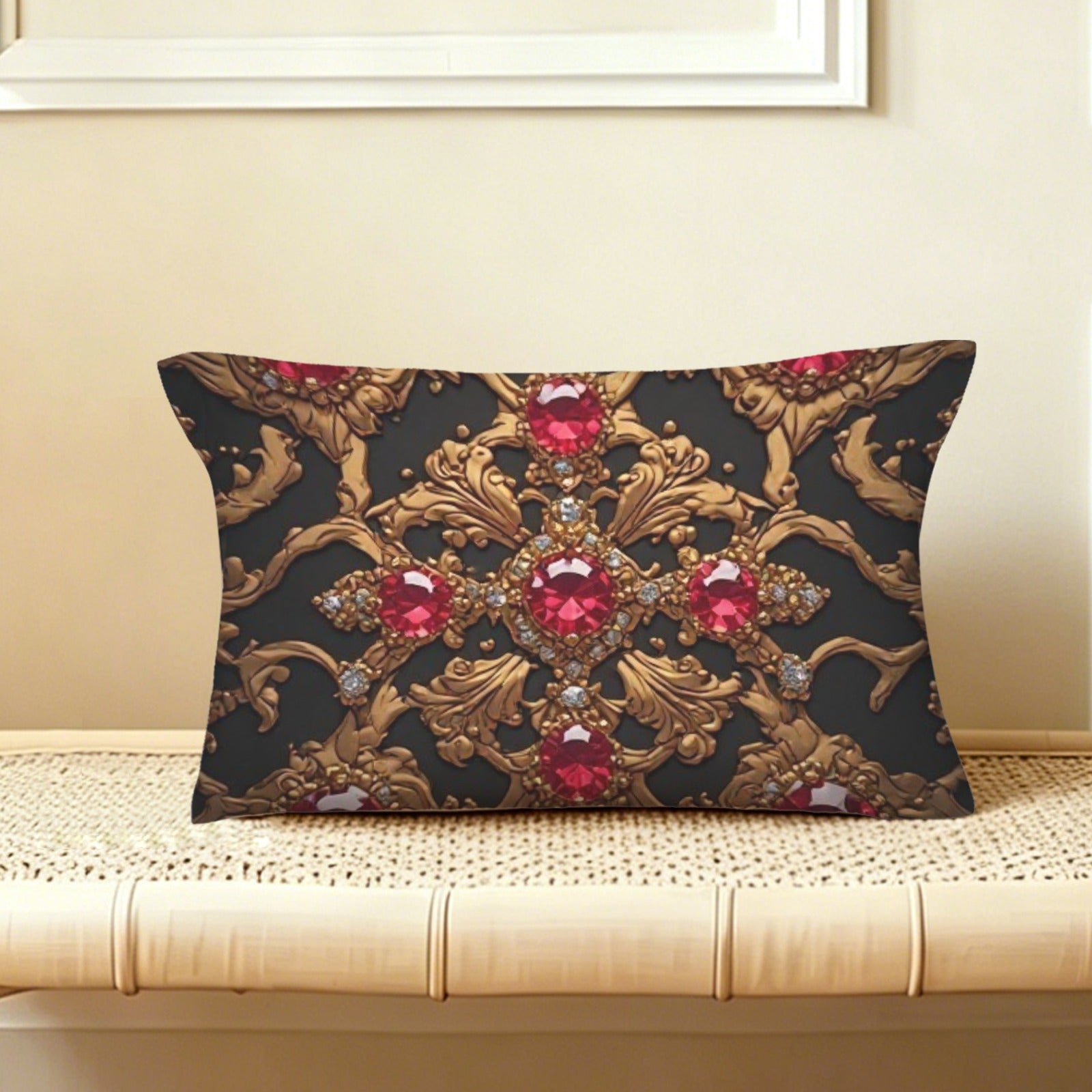 Royal Ruby Luxury Throw Pillow | Ruby Gem Accent Cushion | Black Gold Baroque Decorative Pillow | Elegant Home Decor | Luxury Living Room Pillow