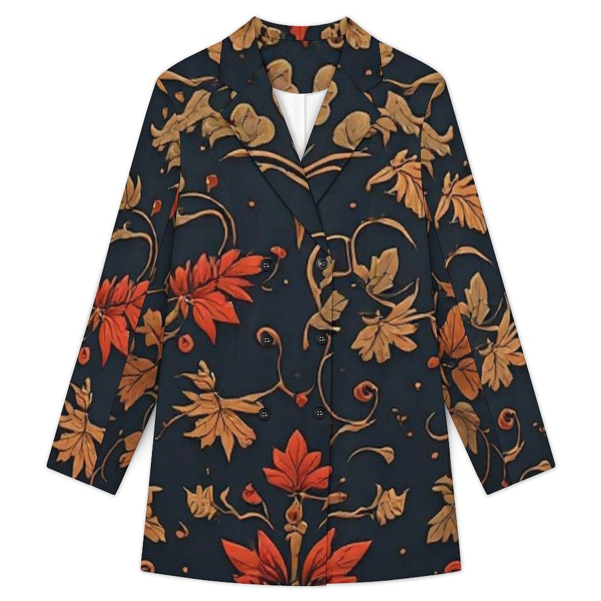 Women’s Floral Blazer Dress, Navy Gold Double Breasted Mini Dress, Elegant Autumn Jacket Dress, Statement Fall Dress for Women  13 TAGS