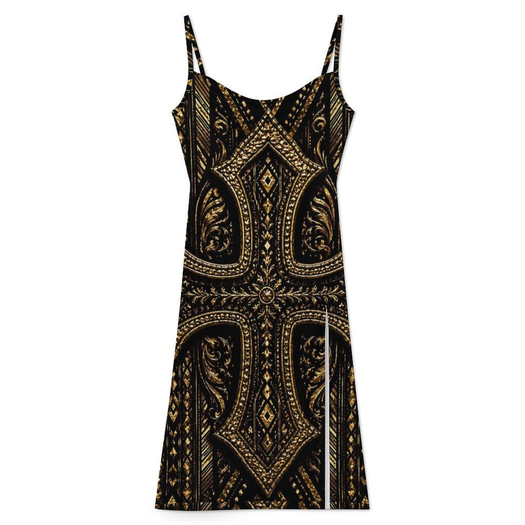 Makeda Black Gold African Print Maxi Dress | Women’s Luxury Spaghetti Strap Slit Dress | Elegant Cultural Statement Dress