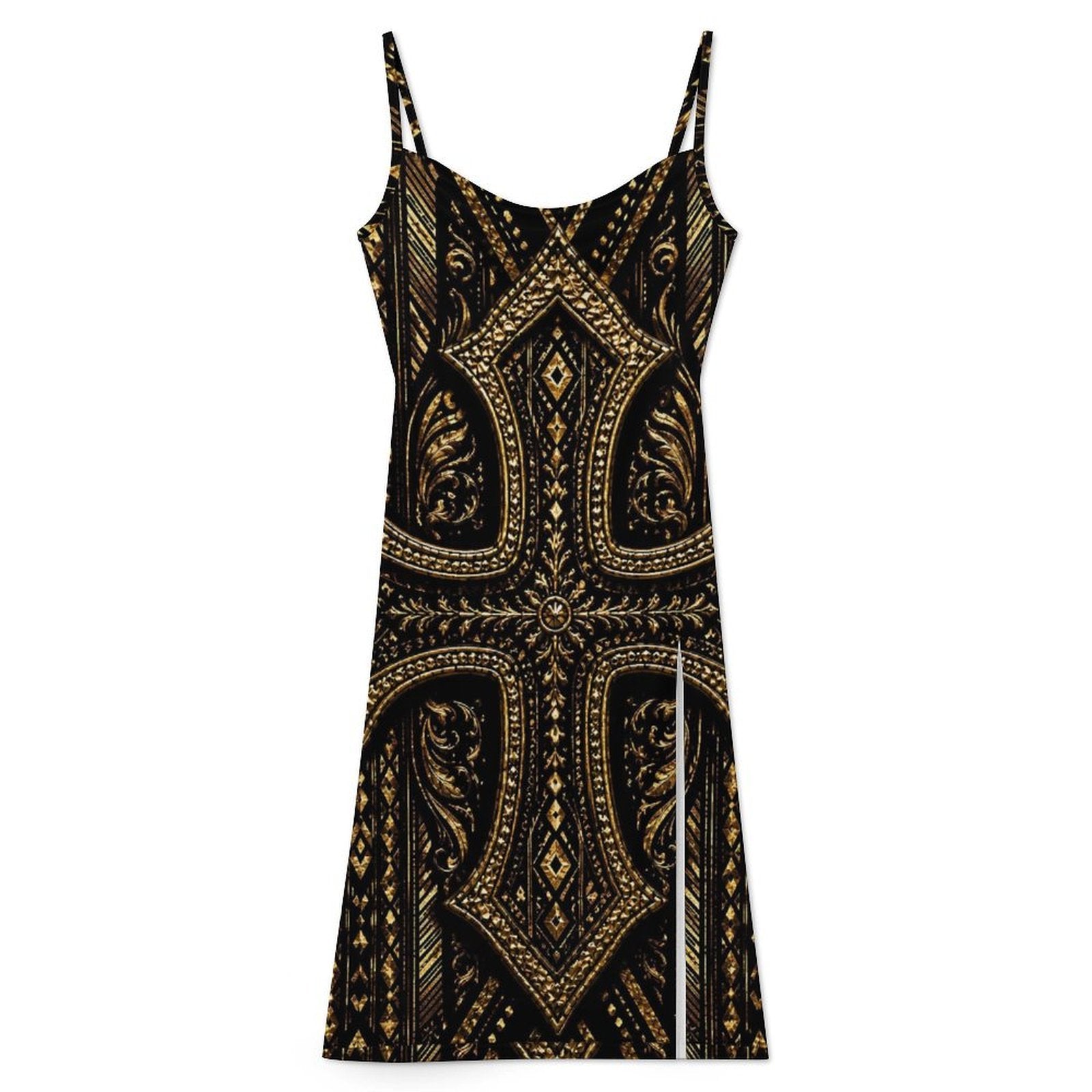 Makeda Black Gold African Print Maxi Dress | Women’s Luxury Spaghetti Strap Slit Dress | Elegant Cultural Statement Dress