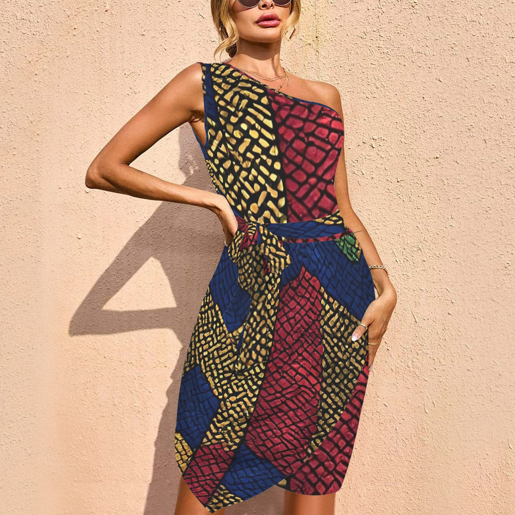 Afropolitan One Shoulder Cocktail Dress | African Inspired Luxury Evening Midi Dress