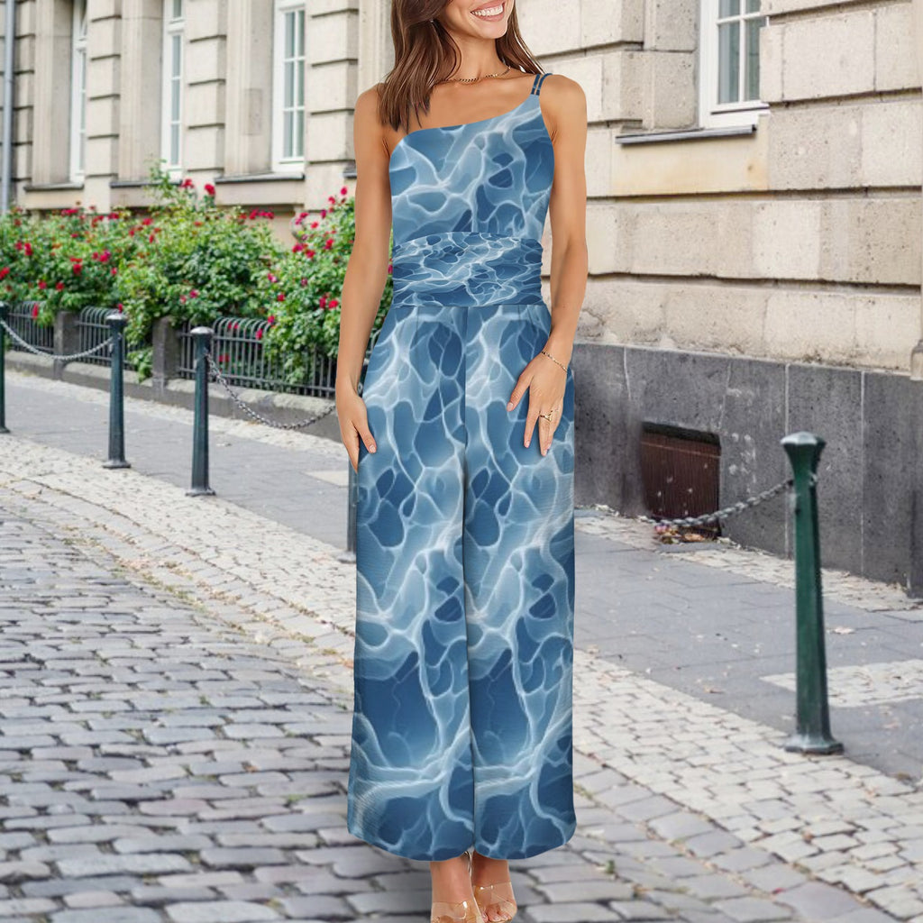 Women's Light Blue Water Print Jumpsuit | Strapless Wide Leg Jumper | Elegant Resort Vacation Outfit | Iyalla Designs