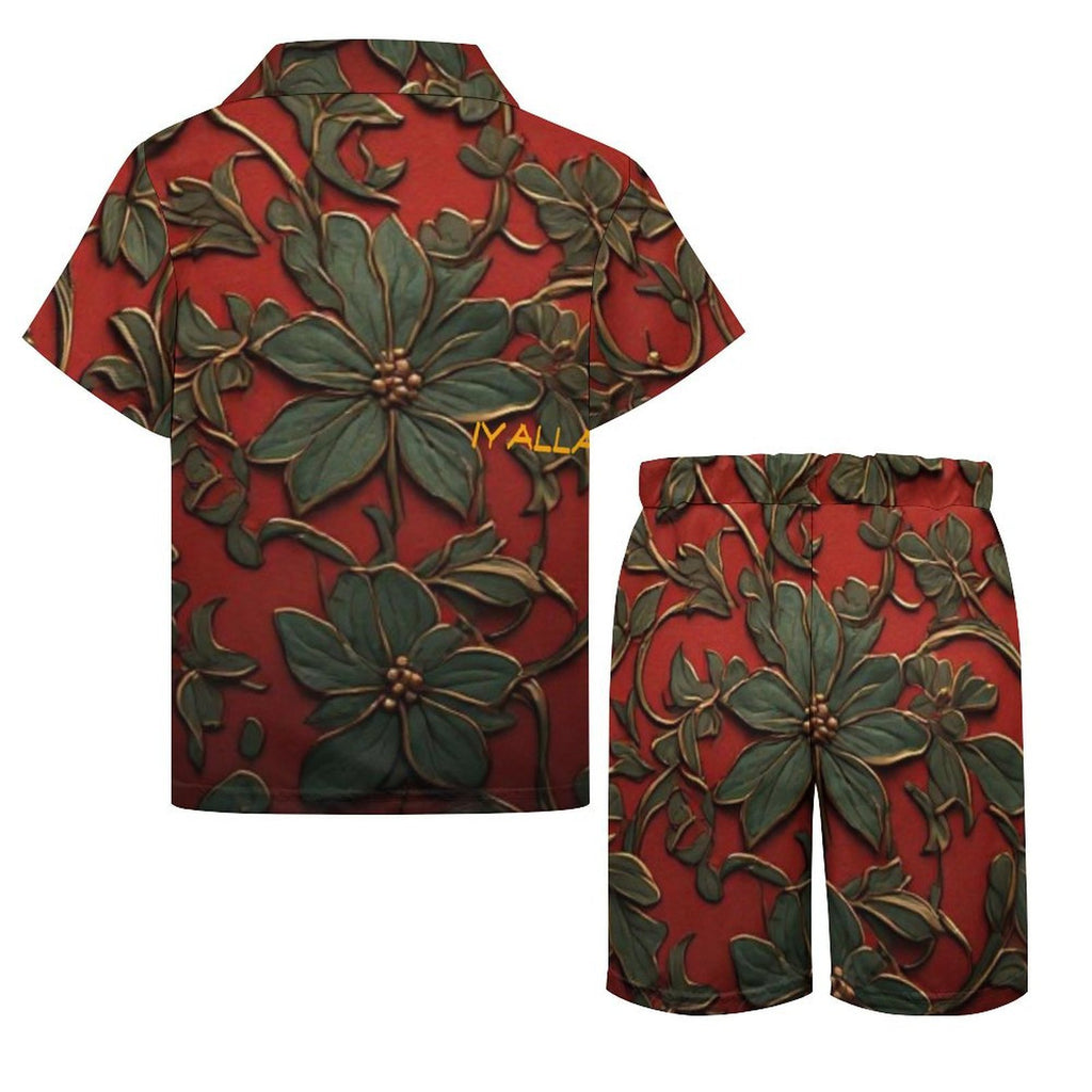 Boys Botanical Shirt & Shorts Set | Red & Green Floral Kids Resort Outfit | Matching Vacation Two Piece | Iyalla Designs