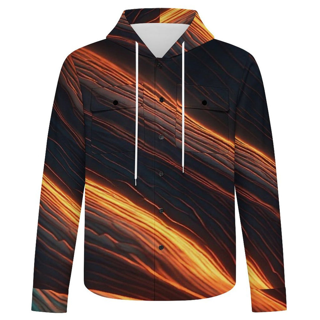 Men’s Abstract Hooded Jacket, Black Gold Orange Statement Jacket, Artistic Fall Shirt Jacket, Luxury Streetwear Jacket for Men