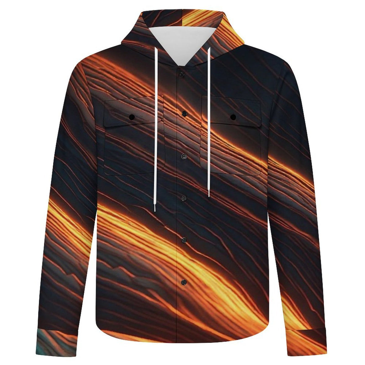 Men’s Abstract Hooded Jacket, Black Gold Orange Statement Jacket, Artistic Fall Shirt Jacket, Luxury Streetwear Jacket for Men