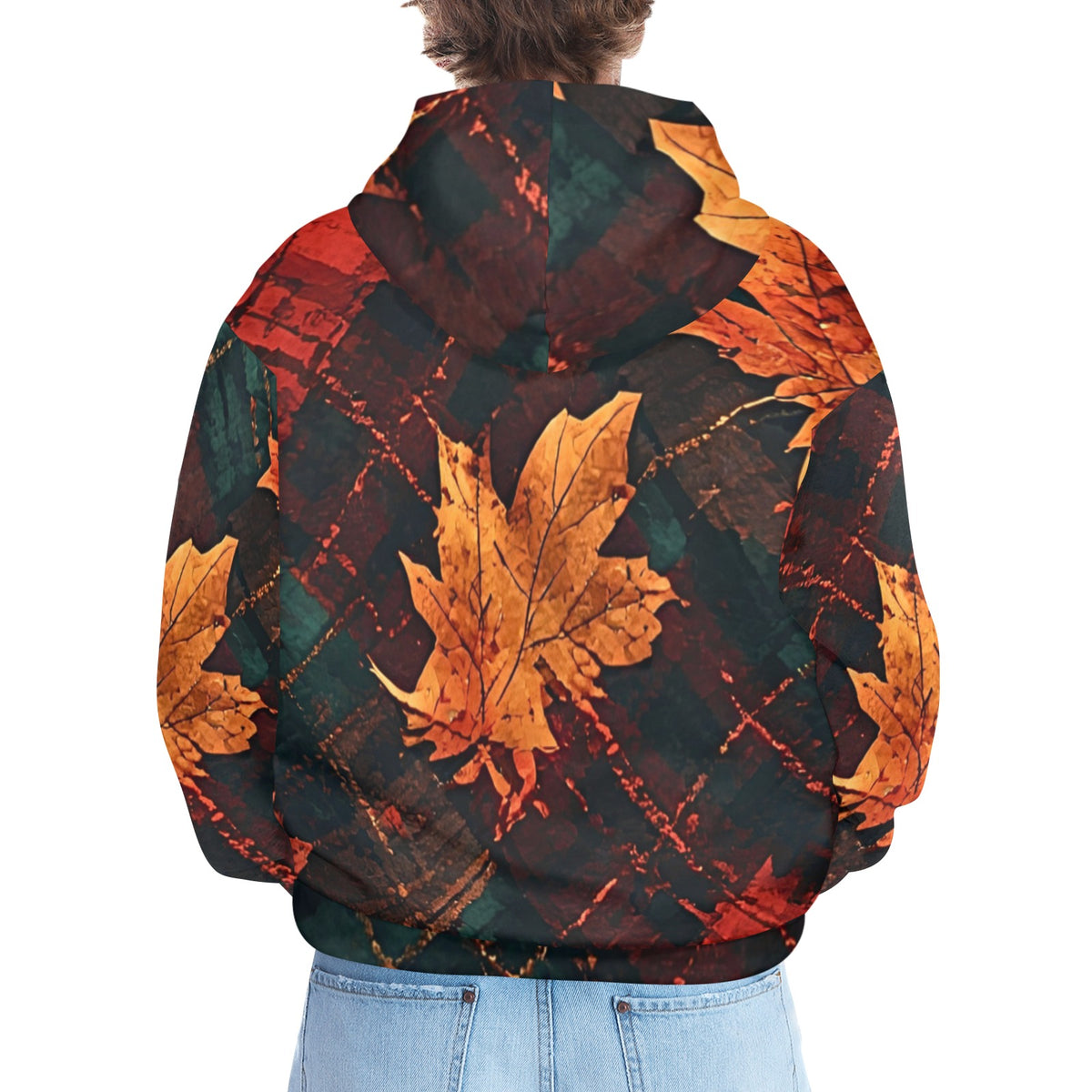 Men’s Fall Leaf Hoodie, Autumn Print Pullover Sweatshirt, Dark Green Orange Hoodie, Artistic Fall Streetwear, Men’s Statement Hoodie